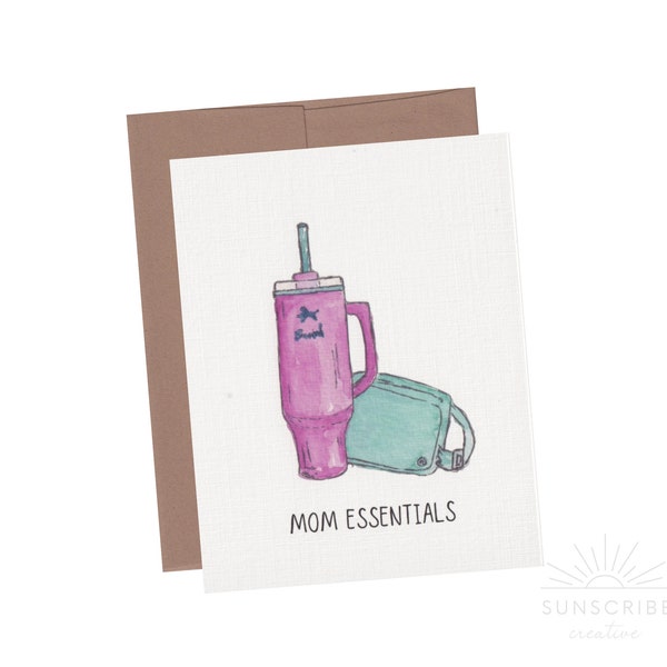 Trendy Accessories Card, Simple, Watercolor, Insulated Cup, Belt Bag, Mom Essentials, Blank Inside, Card for Friend, Mom, Wife