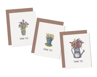 Mix Pack Flower Bedankkaarten, Aquarel, Pack van 3 Bedankkaarten, Lentebloemen, Voor Vriend, Familie, Collega