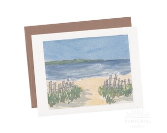 Beautiful Watercolor Beach Scene Greeting Card, Simple, Painted Beach Scene Card, Cape Cod, Lake, River, Beach, Blank Inside