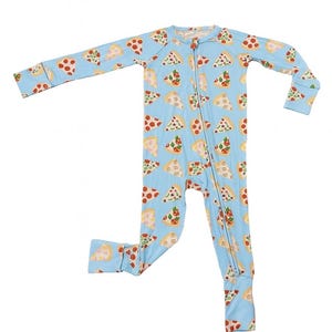 May include: Light blue footed pyjamas with a repeating pattern of pizza slices. The pyjamas have a full-length zip down the front and long sleeves. The pizza slices feature pepperoni, vegetables, and cheese.