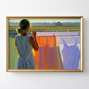 May include: A woman in a white dress stands in a field, looking at a clothesline with colorful laundry hanging on it. The sun is shining brightly, casting long shadows on the ground.