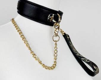 Handmade Leather BDSM Collar with Rose Gold Chain