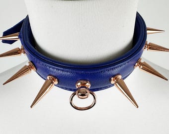 Handmade Blue Leather Spike Collar: Adjustable Cowhide Choker
