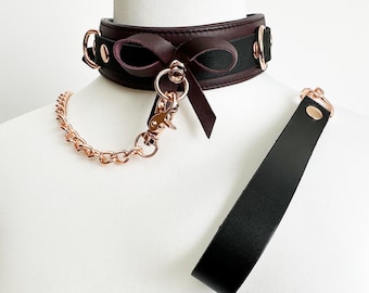 Handmade Leather Bow Collar with Leash | Rose Gold Metal Accents