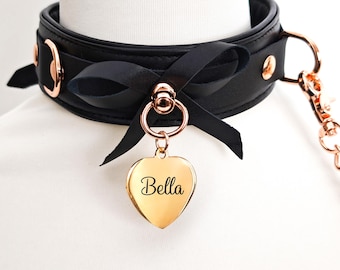 Custom Leather BDSM Collar, Black Bow, Rose Gold Tag