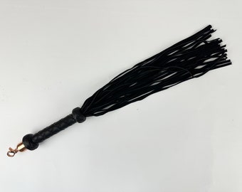 Handmade Heavy Black Suede Leather Flogger, Braided Handle
