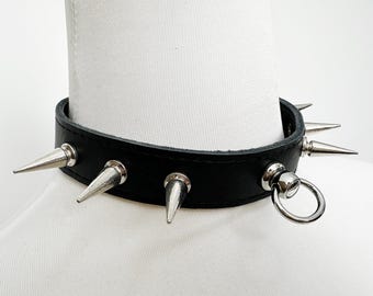 Leather Rivet Collar, Handmade Cowhide Spiked Choker (15-18.9in)