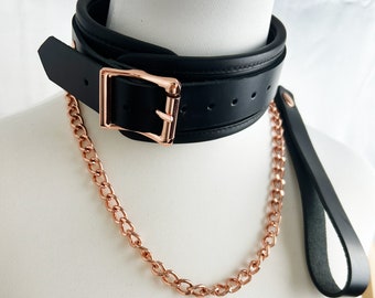 Black Leather BDSM Collar, Rose Gold Chain Leash, Petplay Collar