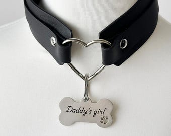 Custom Black Leather BDSM Collar,Daddy's girl Collar,Personalized Fetish Kink Collar,Vegan Leather Choker,Good Girl Submissive Collar