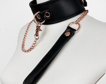 Handmade Cowhide Leather Collar, Rose Gold Metal Accents