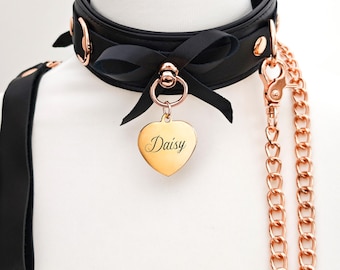 Handmade Leather BDSM Collar, Bow & Leash, Customizable Tag
