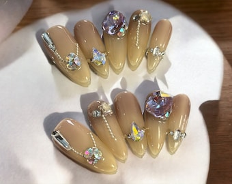 Glimmering Chains & Gems Manicure - Luxury Stiletto Press on Nails, Reusable Custom Long Stick On Nails