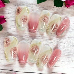Pink Rose Press on Nails - Short Coffin Shape, Handmade Luxury Nail Art, Floral Design - Perfect for Any Occasion