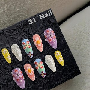 Blooming Blossoms Press On Nails | Handmade 3D Short Oval Nails | Y2K Floral Fake Nails | Trendy Nail Set