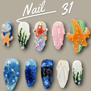 Beach Vibes: Handcrafted 3D Beach-Themed Press On Nails | Ocean-Themed with Seaweed, Seashells, and Starfish | Handmade Press On Nail |