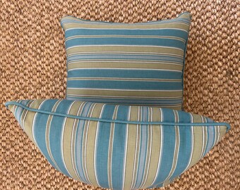NEW Bespoke Cushion - Laura & Kiran - CORFU STRIPE - Teal and Jade - Teal Contrast Piping