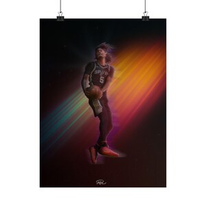 May include: A poster featuring a basketball player in a black and white jersey with the number 5, holding a basketball. The background has colorful light streaks of orange, yellow, and purple. The player is mid-air, with a dynamic pose.
