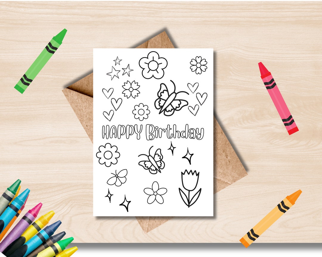 Happy Birthday Printable Coloring Card, Kids Coloring Card, Flowers and ...