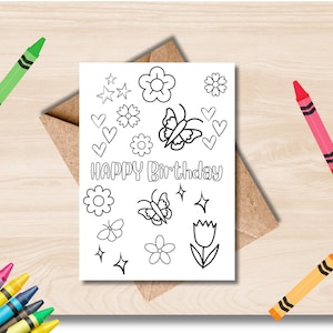 Happy Birthday Printable Coloring Card, Kids Coloring Card, Flowers and Butterflies color card, Digital Download, Instant Print