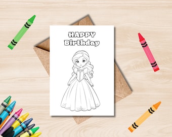 Princess Birthday Card, Instant Download, Kids Birthday Card, Printable 5x7 Birthday Card, Happy Birthday Card, Colouring Blank Card