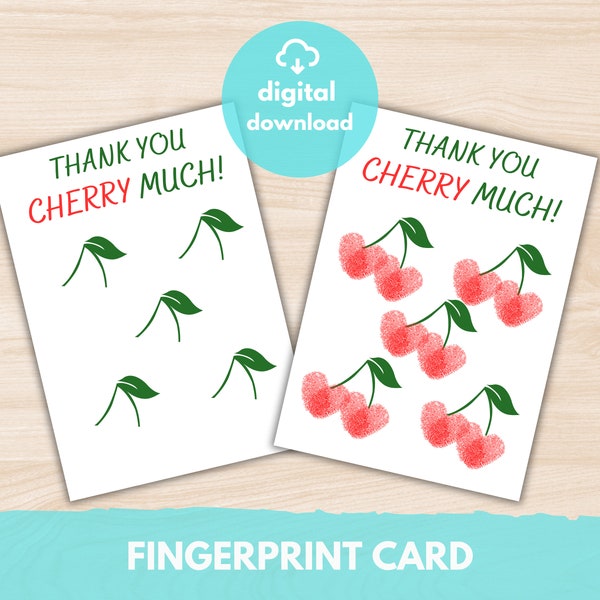 Cherry Thank You Note, Thank You Card, Thank You Berry Much Printable, Fingerprint Art Cherry Template, Kids Thumbprint Art, Preschool Craft