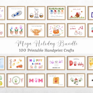 May include: A collection of 100 printable handprint craft designs for holidays like Christmas, Easter, Halloween, and Father's Day. The designs feature various themes and colors, including a snowman, a pumpkin, a bunny, and a sun.