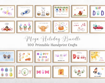 Pode incluir: Uma coleção de 100 designs de artesanato de impressões de mão imprimíveis para feriados como Natal, Páscoa, Halloween e Dia dos Pais. Os designs apresentam vários temas e cores, incluindo um boneco de neve, uma abóbora, um coelho e um sol.