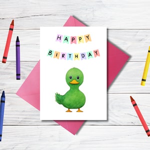 Party Duck Birthday Card, Watercolor Greeting Card, Green Duck Birthday Card, Cute Duck Card, Gender Neutral Watercolor, Digital Printable
