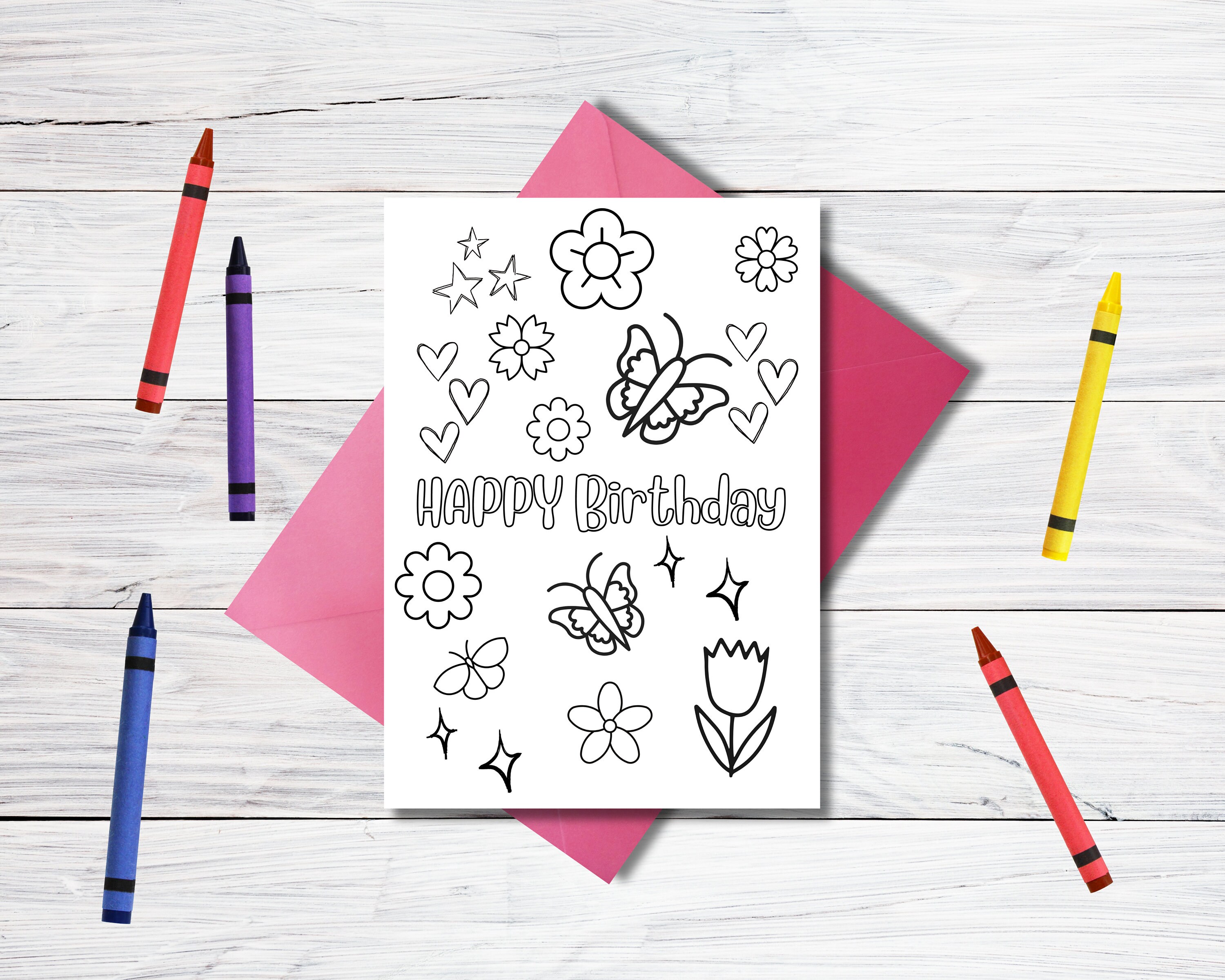 Happy Birthday Printable Coloring Card, Kids Coloring Card, Flowers and ...