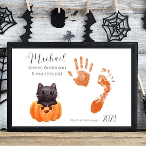 Baby’s First Halloween Handprint & Footprint Black Cat and Pumpkin Craft, Personalized Halloween Keepsake, DIY Crafts, Personalized Craft