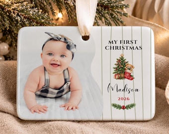 Baby 1st Christmas Ornament, Personalized Baby Photo Ornament with Name, First Xmas Ornament, Newborn Keepsake, Custom Baby Name Ornament