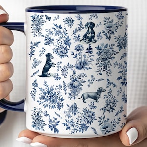 Dachshund French Toile de Jouy Mug , Blue Toile Coffee Cup for Doxie Mom, Sausage Dog Lover Gifts, Dachshund mama Gift, Dachshund Mom Mug
