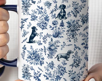 Dachshund French Toile de Jouy Mug , Blue Toile Coffee Cup for Doxie Mom, Sausage Dog Lover Gifts, Dachshund mama Gift, Dachshund Mom Mug