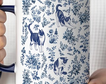 Tuxedo Cat Mug, French Blue Toile Coffee Mug, Cat Person Gift, Cat Lover Gift, Cute Cat Mug