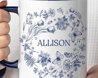 Personalized Name Mug With Flowers, Custom Coffee Cup, Blue French Toile Floral Mug, Decorative Cup, Gift For Mom Grandma, Custom Name Mug