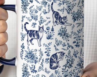 Calico Cat Mug in Blue Toile, Cat Person Gift, Cat Lover Gift, French Toile Coffee Mug, Cute Cat Mug