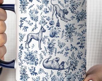 Great Dane Mug, French Toile Dog Lover Gift, Blue Toile De Jouy Coffee Cup, Great Dane Mom, Great Dane Lover Gifts, Dog Breed Cup