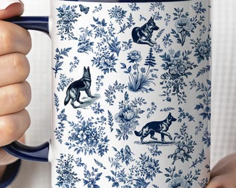 German Shepherd French Toile de Jouy Mug, Elegant Blue Toile Dog Mug for German Shepherd Mom, Dog Lover Gifts Breed Coffee Cup Pet Lover Mug
