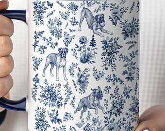 Boxer Mug, French Toile Dog Lover Gift, Blue Toile De Jouy Coffee Cup, Dog Mom Present, Boxer Lover Gifts
