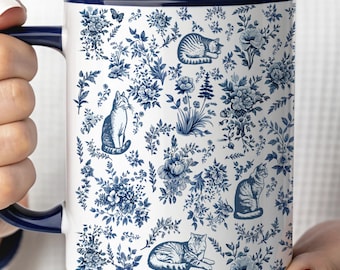Cat Lover Mug, French Toile Cat Coffee Mug, Vintage Cat Mug, Floral Cat Lover Gift, Cat Mom Mug, Coffee Mug for Cat Lovers, Cat Dad Mug