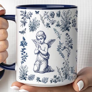 Cherub Angel Mug, French Toile Angel Mug, Christian Gift for Mom or Grandma, Baptism Gift Mug, Catholic Mug, French Blue Religious Mug, image 1