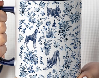 Doberman Mug, French Toile Dog Lover Gift, Blue Toile De Jouy Coffee Cup, Dog Mom Present, Doberman Lover Gifts