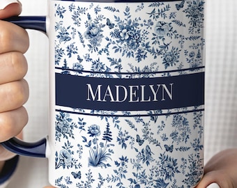 Personalized Name Blue Toile Mug Coquette Aesthetic Coffee Cup Birthday Gift Mom Mothers Day Custom Name Mug Elegant Vintage Gift for Her