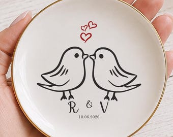 Engaged Ring Dish, Personalized Love Birds Gift for Couple, Wedding Ring Holder, Engagement Keepsake