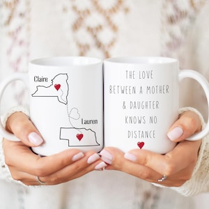 Mother Daughter Long Distance State Mug, Hearts Over Cities, Mother Daughter Gift from Mom, State To State Gift, Personalize Mothers Day