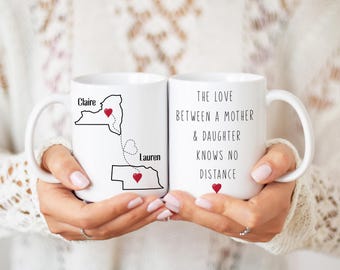 Mother Daughter Long Distance State Mug, Hearts Over Cities, Mother Daughter Gift from Mom, State To State Gift, Personalize Mothers Day