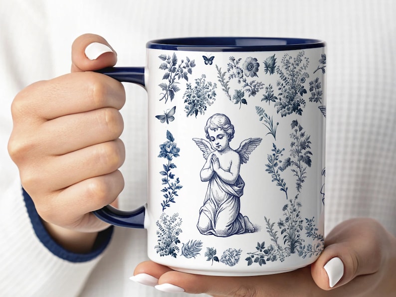 Cherub Angel Mug, French Toile Angel Mug, Christian Gift for Mom or Grandma, Baptism Gift Mug, Catholic Mug, French Blue Religious Mug, image 1