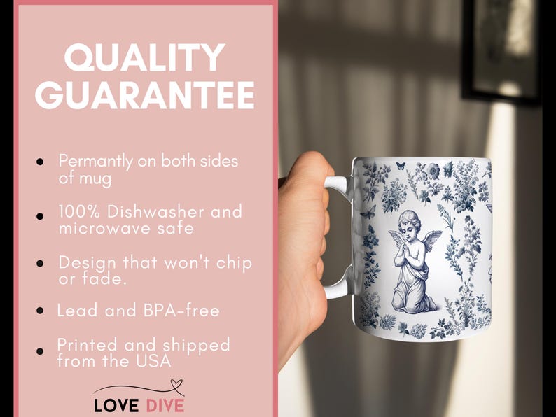 Cherub Angel Mug, French Toile Angel Mug, Christian Gift for Mom or Grandma, Baptism Gift Mug, Catholic Mug, French Blue Religious Mug, image 8