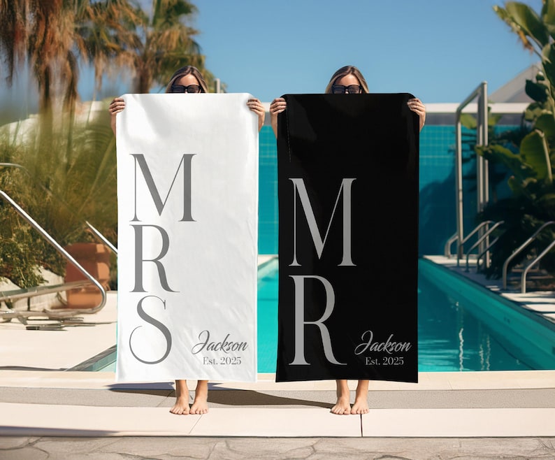 Custom Couple Beach Towel, Personalized Mr. and Mrs. Beach Towels, Honeymoon Present For Newlywed, Bridal Shower Gift,Couple or Single Towel