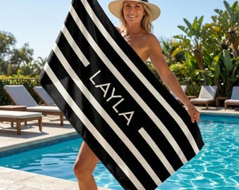 Personalized Stripe Beach Towel, Custom Name Gifts, Bachelorette Gift, Swimming Club Towel, Vacation Gift, Preppy Girls Trip 2026